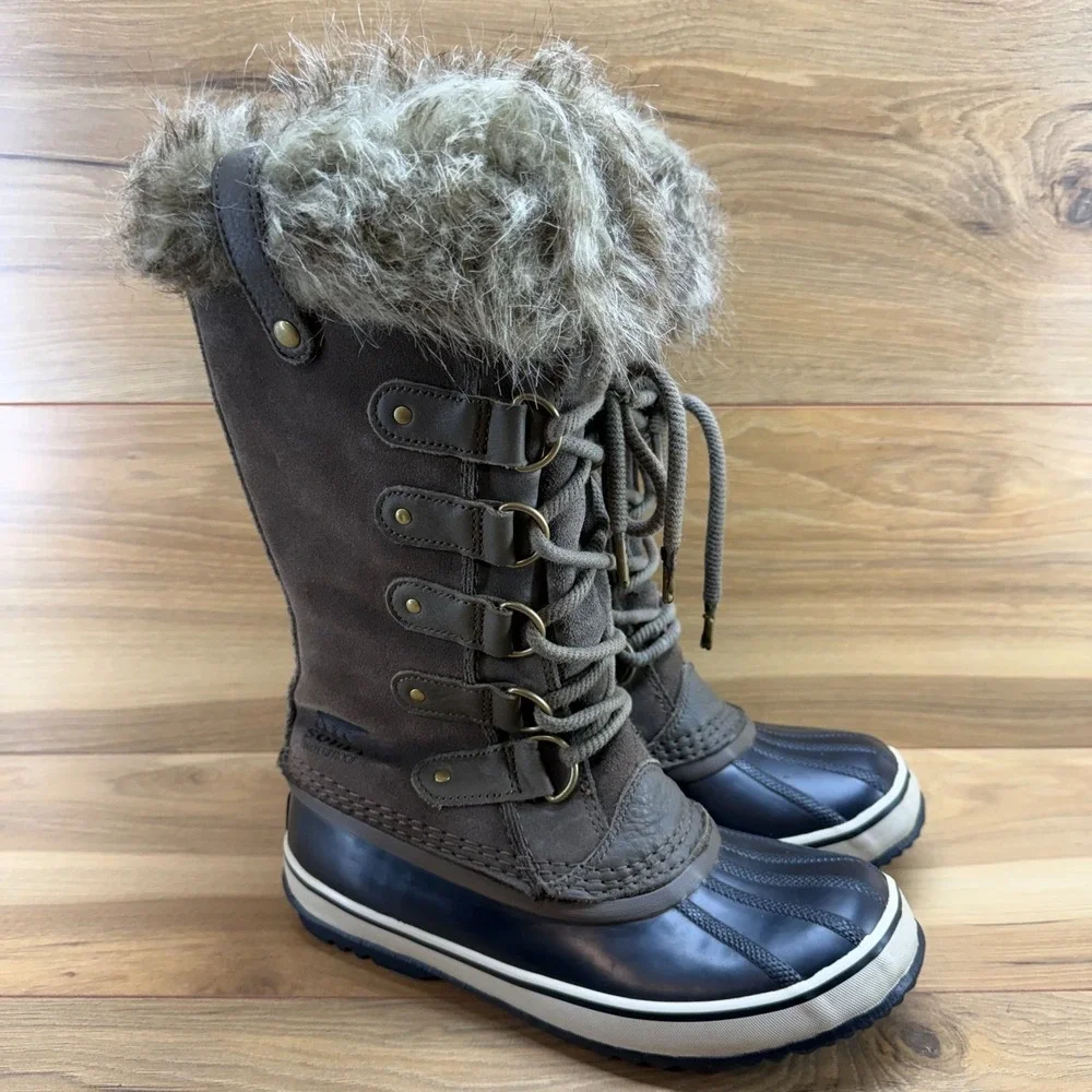 Sorel Joan Of Arctic Boots FLAW‎ 7 Greige Suede Snow Faux Fur Winter Waterproof